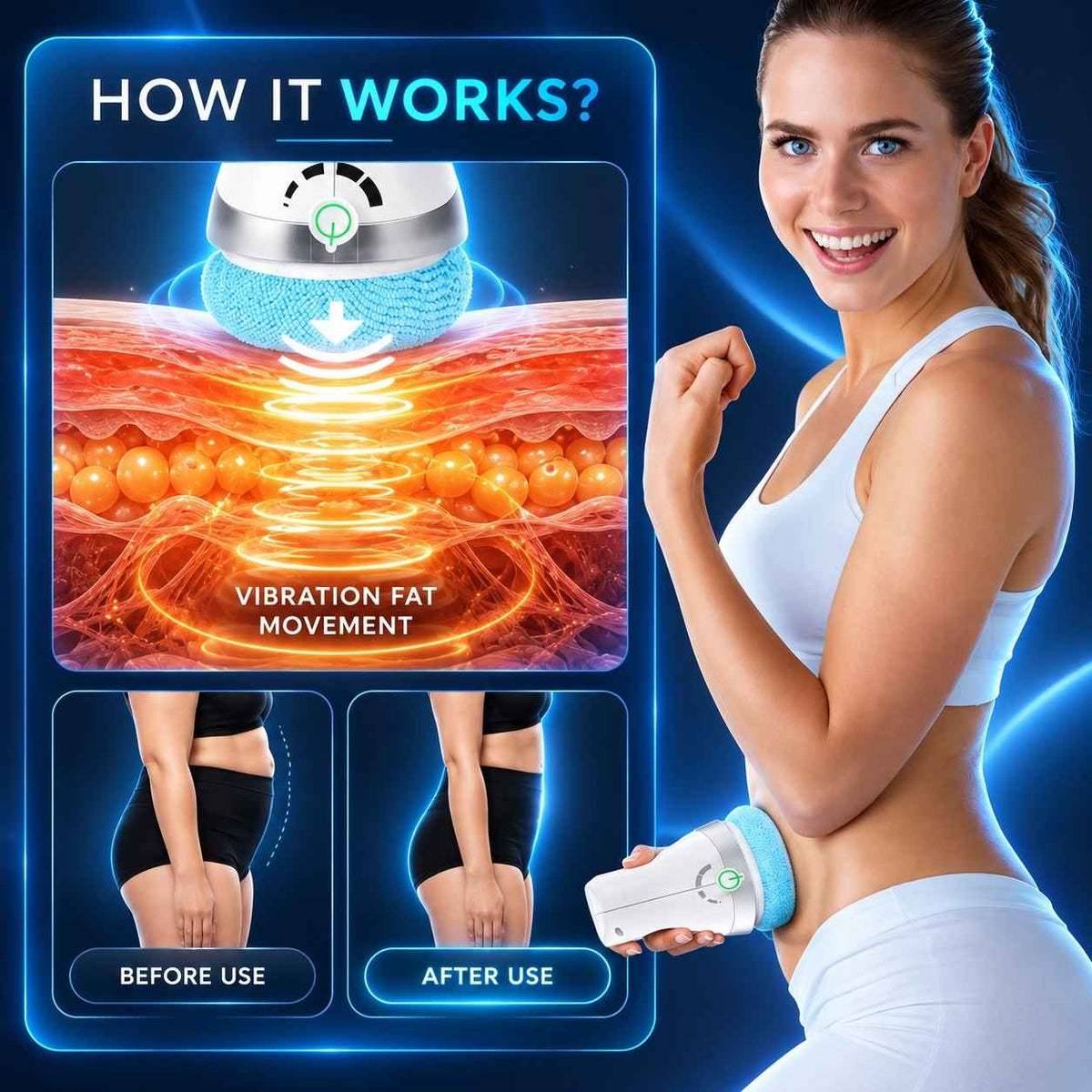 Woman holding TheraCare Pro near her waist with a diagram of the rotational massage mechanism.