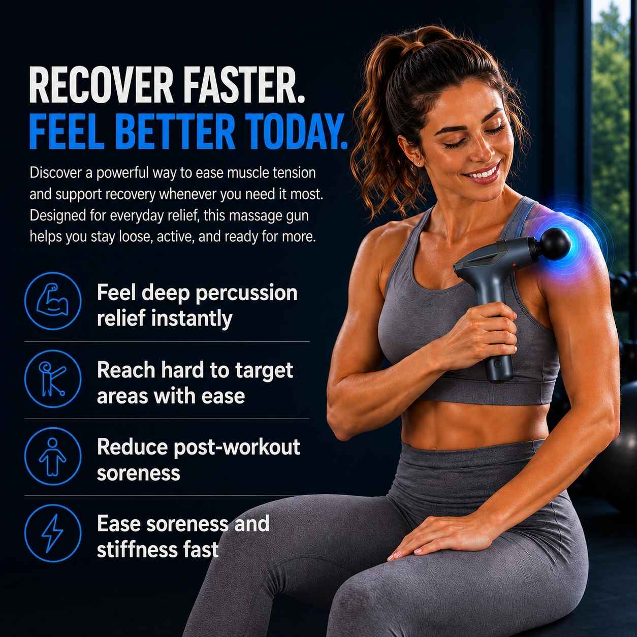 A woman in a gray athletic outfit uses a handheld massage gun on her shoulder in a gym setting. The image includes promotional text on the left highlighting muscle recovery benefits, with the massage gun glowing with a blue light effect.
