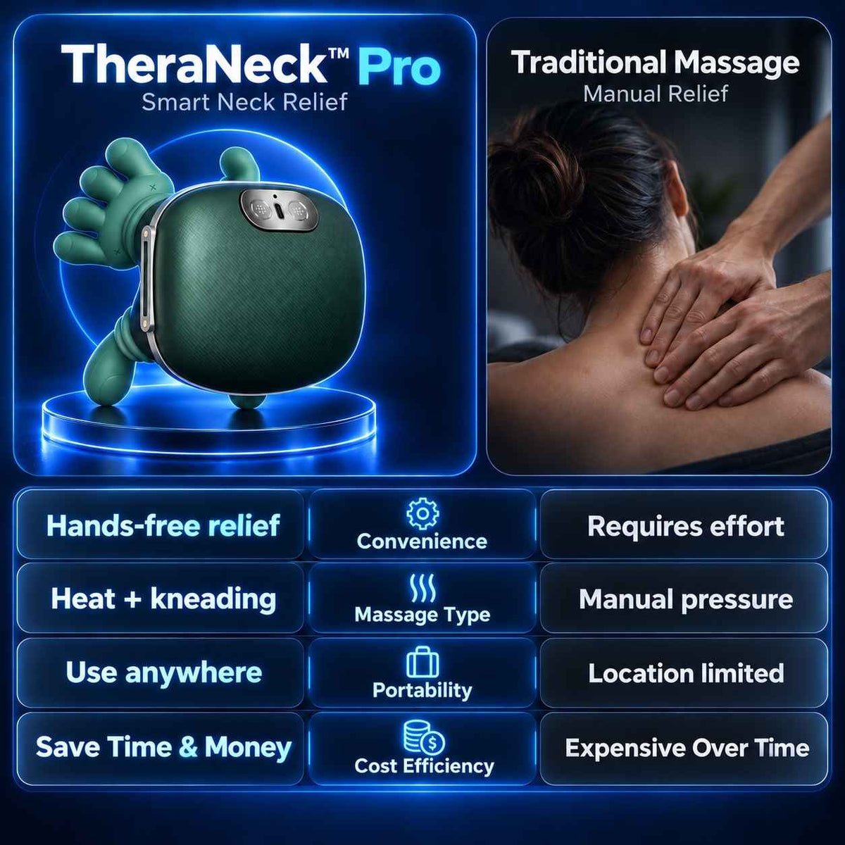 TheraNeck Pro green neck massager compared with a traditional manual massage.