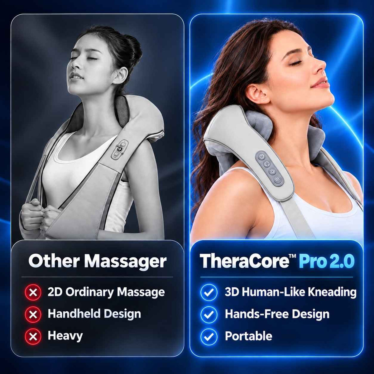 TheraCore Pro 2.0 compared with a conventional neck massager for kneading and hands-free use.
