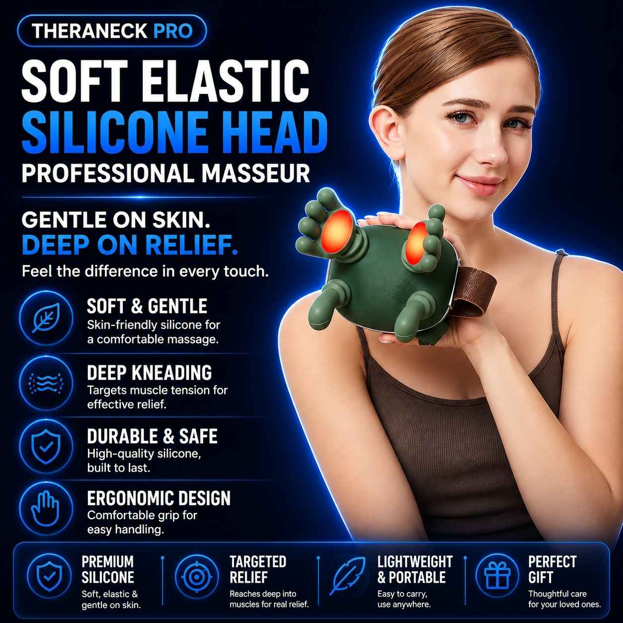 A promotional graphic for a Theraneck Pro silicone head professional masseur. A woman is shown holding the dark green, textured silicone head, which has glowing orange-red massage nodes.