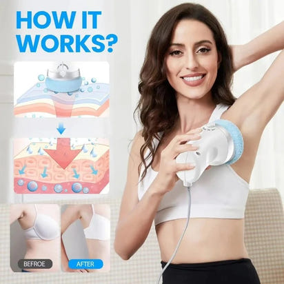 Woman using a hair removal device with before and after illustration on a light background