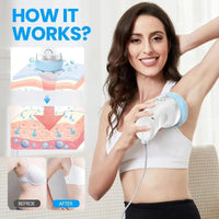 Woman using a hair removal device with before and after illustration on a light background