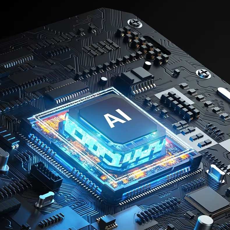 Electronic circuit board with a CPU and 'AI' text on a dark background