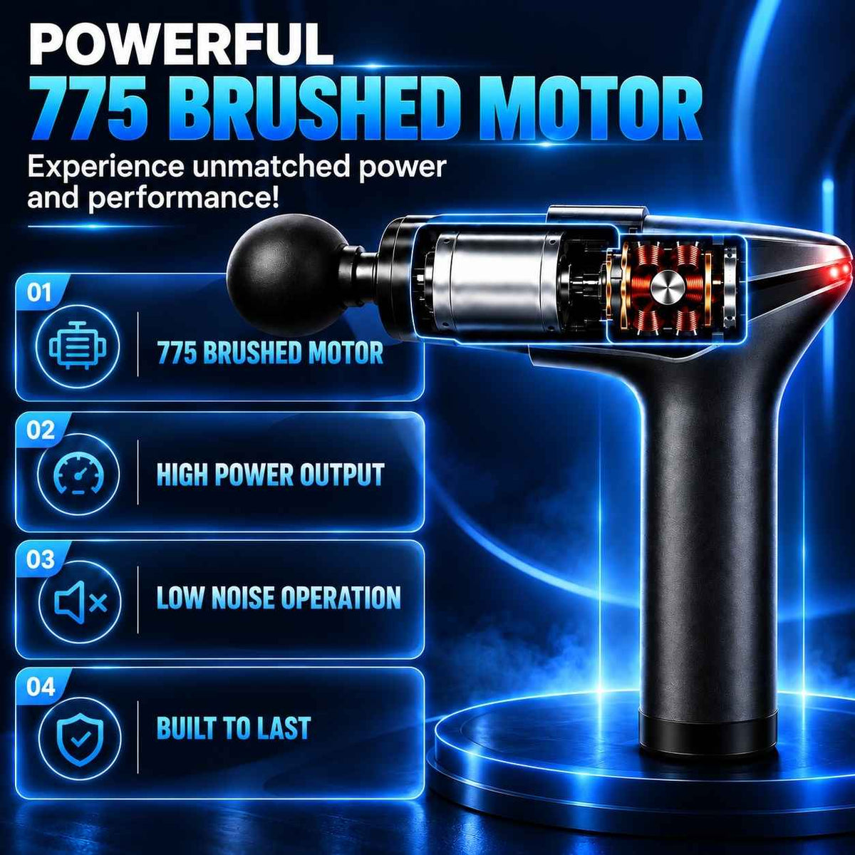 TheraMuscle Gun featuring a 775 brushed motor and percussion technology.