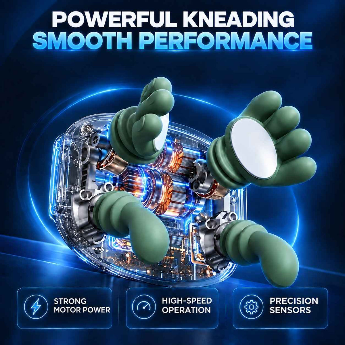 TheraNeck Pro internal kneading mechanism with motor and gear illustrations.
