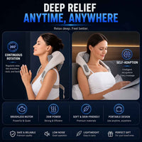 Woman using a neck and shoulder massager with features highlighted on a dark background