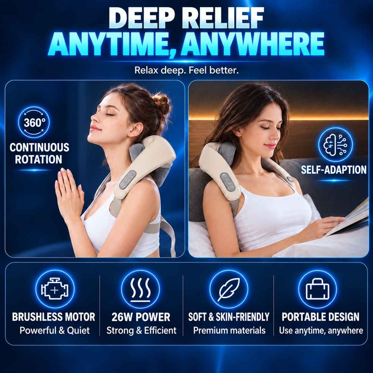 Two women using a neck and shoulder massager in relaxing everyday settings.