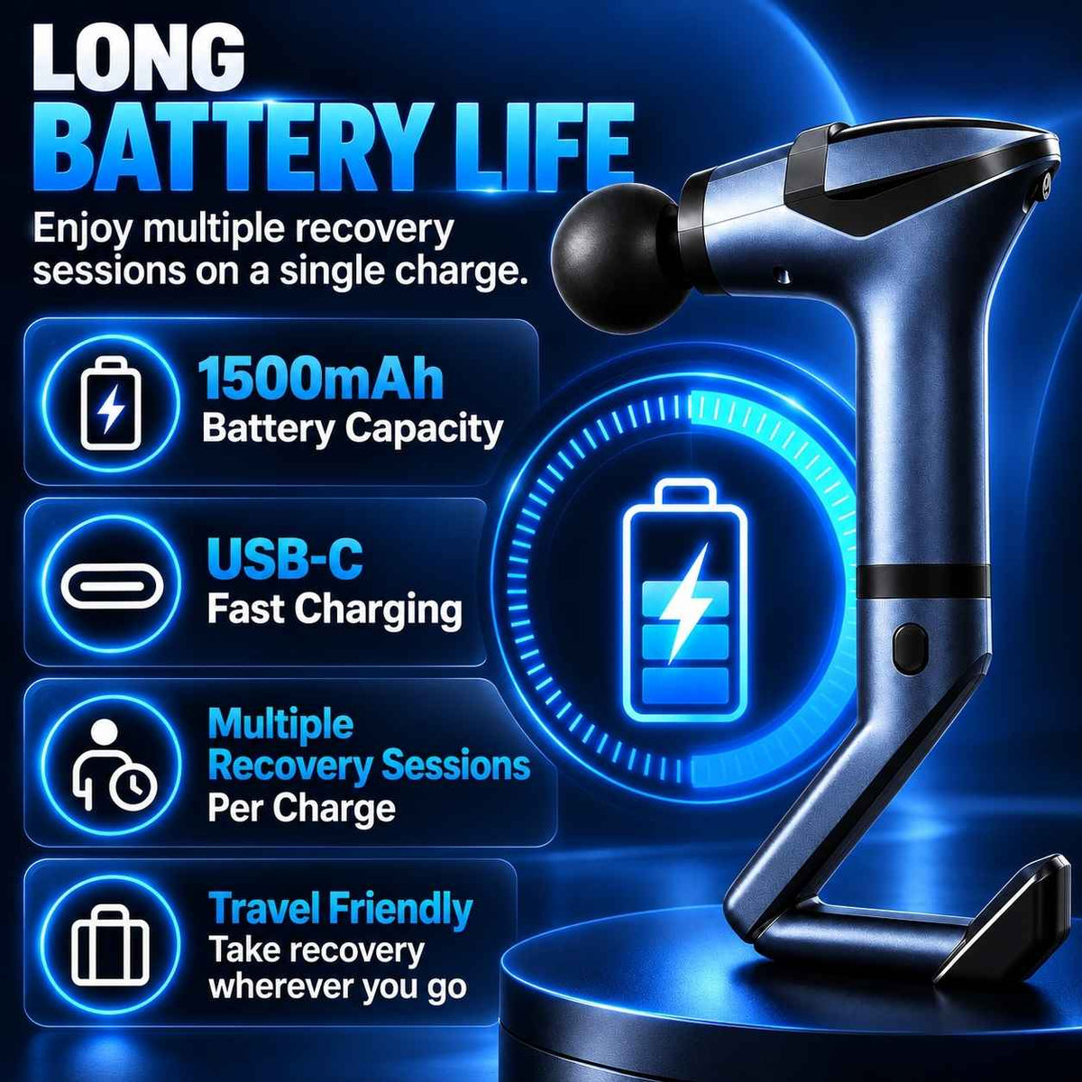 TheraMuscle Gun with rechargeable battery and USB-C charging features.