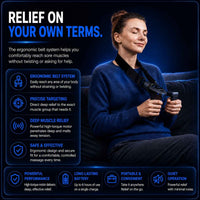 A woman wearing a dark blue sweater sits on a couch holding a small black device, with an informational ad layout behind her. The ad includes the headline 'RELIEF ON YOUR OWN TERMS,' feature callouts about an ergonomic belt system, muscle relief, and portability, plus several blue icon panels at the bottom.