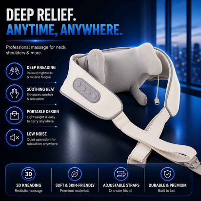 A neck and shoulder massage pillow shown on a dark blue promotional background with text callouts and feature icons. The product is light beige/cream with a gray control panel and white straps.