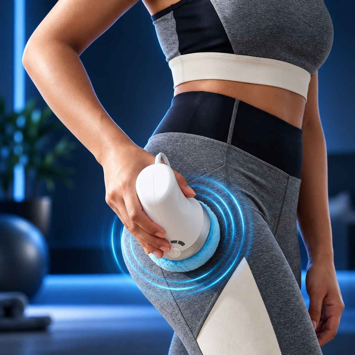 Woman using TheraCare Pro handheld body massager on her upper thigh in a gym setting.