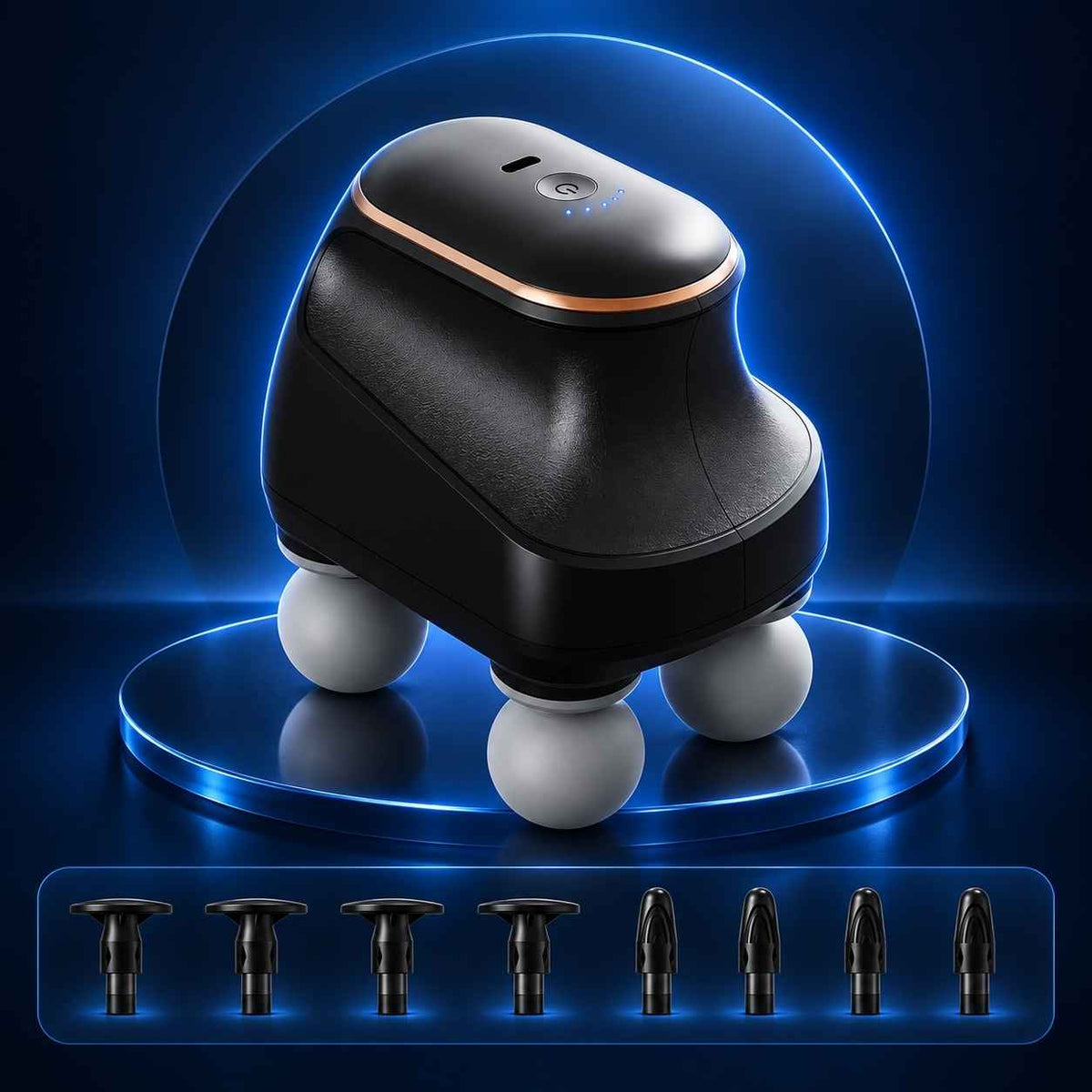 TheraFlex Pro black four-head massage device displayed with accessory attachments.