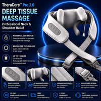 TheraCore Pro 2.0 Deep Tissue Massage neck and shoulder relief device shown on a black display stand with promotional text and feature callouts around it.