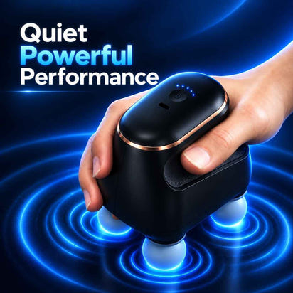 TheraFlex Pro four-head percussion massager held in one hand with blue vibration effects illustrating quiet, powerful performance.