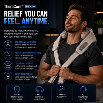 A man wearing a TheraCore PRO 2.0 neck and shoulder massage pad in a home setting, with promotional text and feature icons on the left side of the image.
