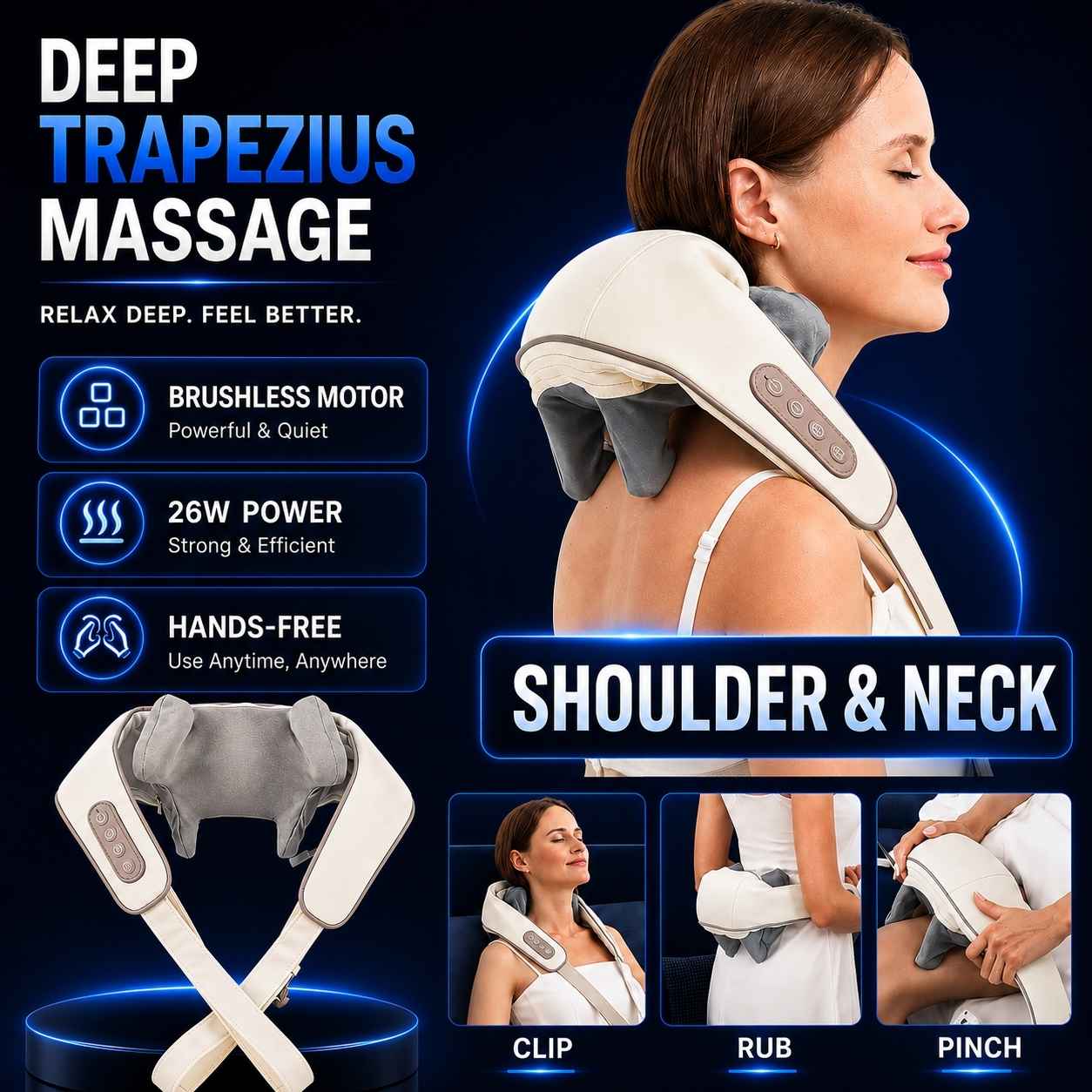 A promotional graphic for a deep trapezius massage shoulder and neck massager. It features a woman wearing the white and gray device on her neck and shoulder, alongside three smaller demonstration panels showing how to clip, rub, and pinch the device.