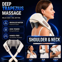 A promotional graphic for a deep trapezius massage shoulder and neck massager. It features a woman wearing the white and gray device on her neck and shoulder, alongside three smaller demonstration panels showing how to clip, rub, and pinch the device.