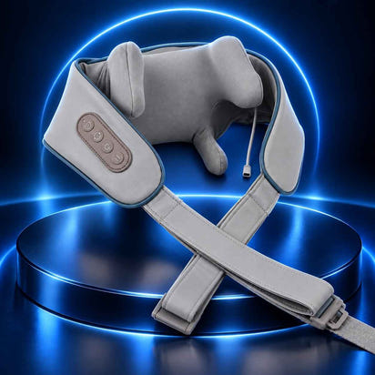 TheraCore Pro 2.0 gray neck and shoulder massager with integrated controls on a glowing blue pedestal.