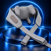 TheraCore Pro 2.0 gray neck and shoulder massager with integrated controls on a glowing blue pedestal.