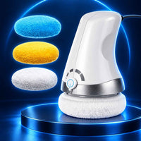 TheraCare Pro white and silver handheld body massager with three interchangeable pads on a dark blue background.