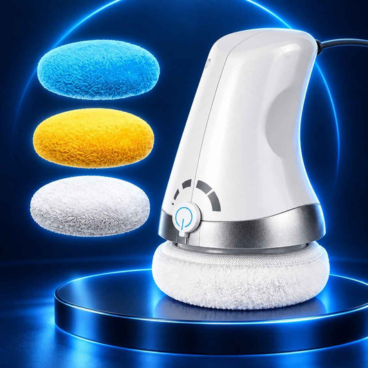 TheraCare Pro white and silver handheld body massager with three interchangeable pads on a dark blue background.