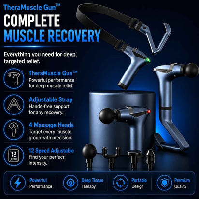 TheraMuscle Gun complete muscle recovery set shown on a dark blue promotional background with product renderings, feature callouts, and text highlighting adjustable strap, four massage heads, and 12 speed settings.
