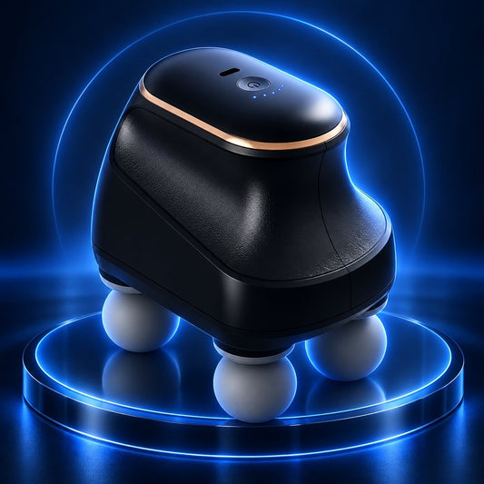 TheraFlex Pro black four-head percussion massager on a glowing blue display platform.
