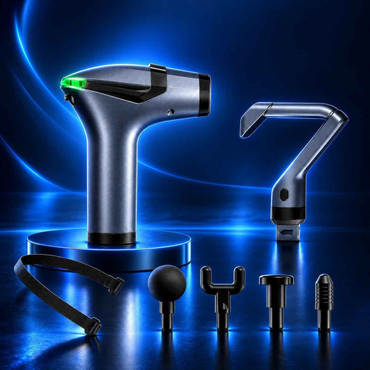 TheraMuscle Gun with extended ergonomic handle and massage accessories.