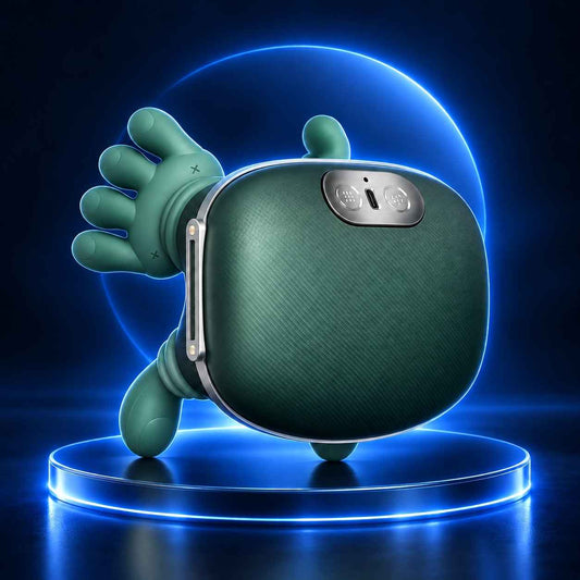 TheraNeck Pro green wearable neck and shoulder massager with brown straps.