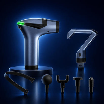 A handheld metallic device with a glowing blue light and green indicator, shown with several interchangeable attachment heads on a dark blue background.