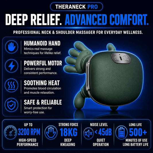 A promotional infographic for the Theraneck Pro neck and shoulder massager. The product is shown in a dark green, rounded, glove-like shape with a small silver control panel on top.