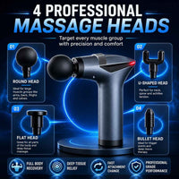 A promotional graphic for a 4-head professional massage gun set, showing a black and dark gray handheld massage gun on a glowing circular base, with four labeled head attachments: round, U-shaped, flat, and bullet heads. Large text at the top reads '4 PROFESSIONAL MASSAGE HEADS,' and feature icons at the bottom mention full body recovery, deep tissue relief, fast attachment change, and professional grade performance.