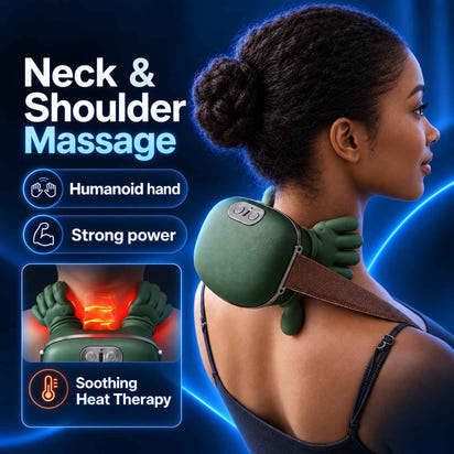 Woman wearing TheraNeck Pro green neck and shoulder massager with feature icons.
