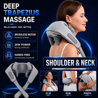 A gray shoulder and neck massage device shown on a model's neck, with promotional text reading 'DEEP TRAPEZIUS MASSAGE' and feature callouts including brushless motor, 26W power, and hands-free use. Smaller inset photos show the device being clipped, rubbed, and pinched.