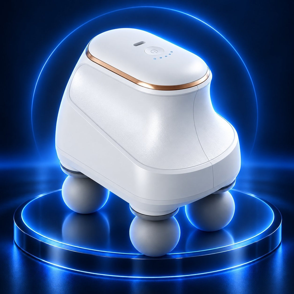 TheraFlex Pro white four-head percussion massager on a premium blue background.