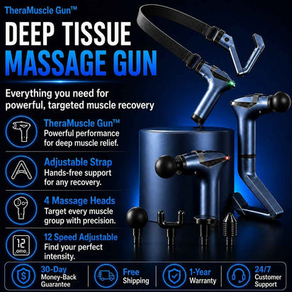 TheraMuscle Gun deep tissue massage gun shown with multiple attachment heads and a charging dock on a dark blue promotional background with feature callouts and icons.