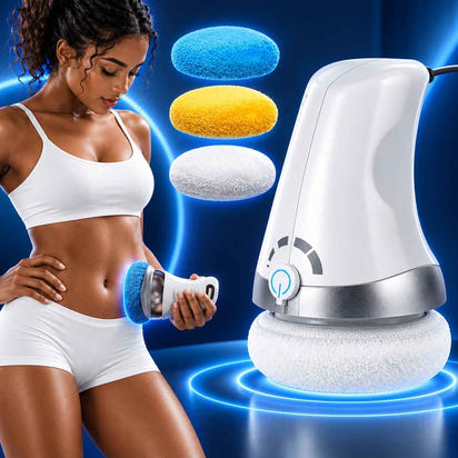 Woman using TheraCare Pro handheld body massager on her abdomen with three interchangeable massage pads.