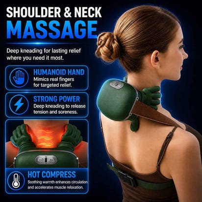 A woman shown from the back wearing a green shoulder and neck massage device on her neck and upper shoulder, with promotional text and feature callouts about deep kneading, humanoid hand, strong power, and hot compress.