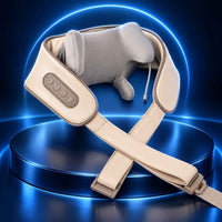 TheraCore Pro 2.0 beige neck and shoulder massager with integrated controls on a glowing blue pedestal.