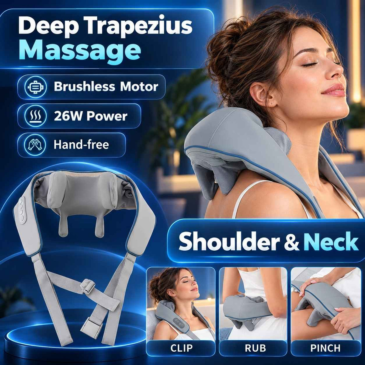 Woman wearing TheraCore Pro 2.0 neck and shoulder massager with 26W motor and kneading technique illustrations.