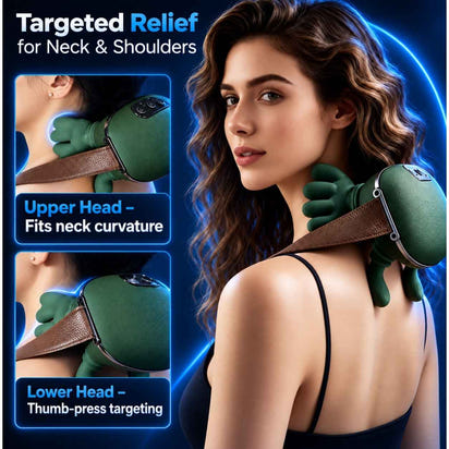 Woman wearing TheraNeck Pro with illustrations of upper and lower massage heads.