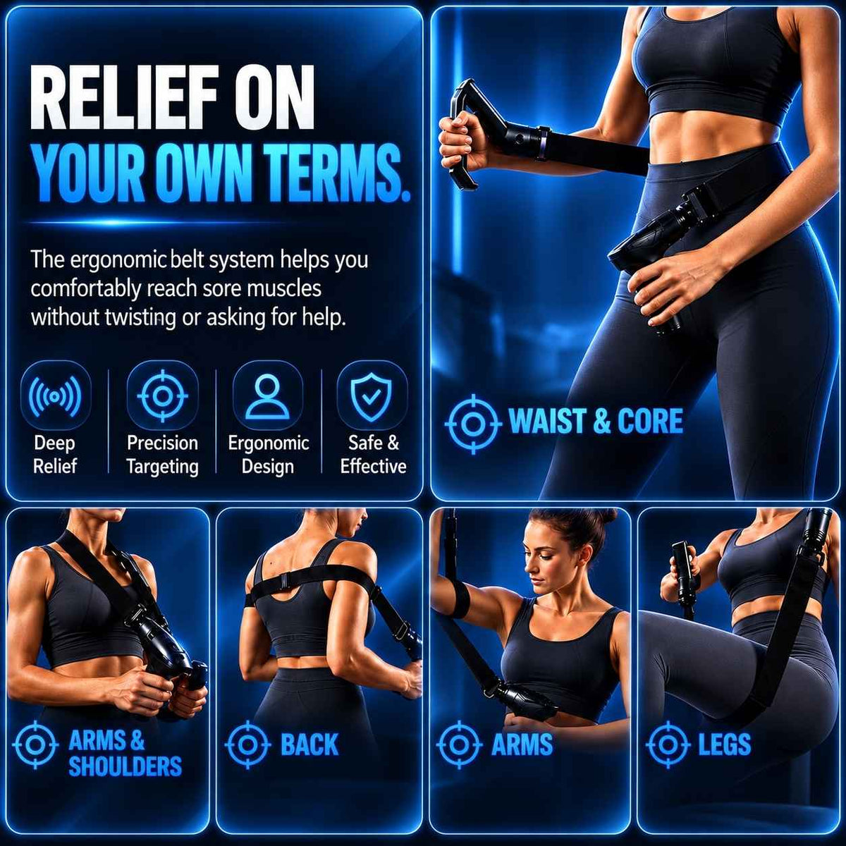 TheraMuscle Gun with adjustable strap for hard-to-reach back muscles.