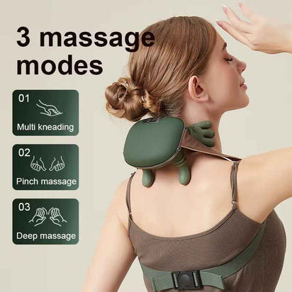 Woman using a green neck and shoulder massager with massage mode options displayed.
