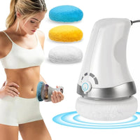 Woman using a handheld electronic device with attachments on a white background