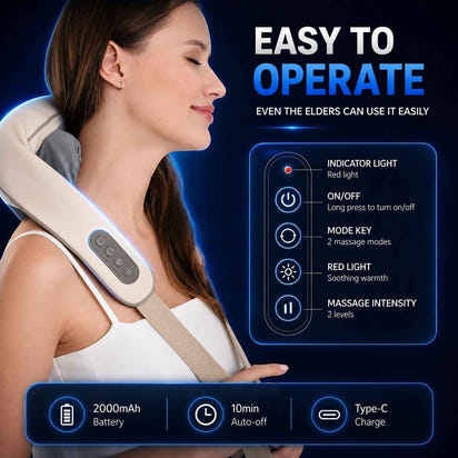 Woman using a neck and shoulder massager with control panel details on a dark background