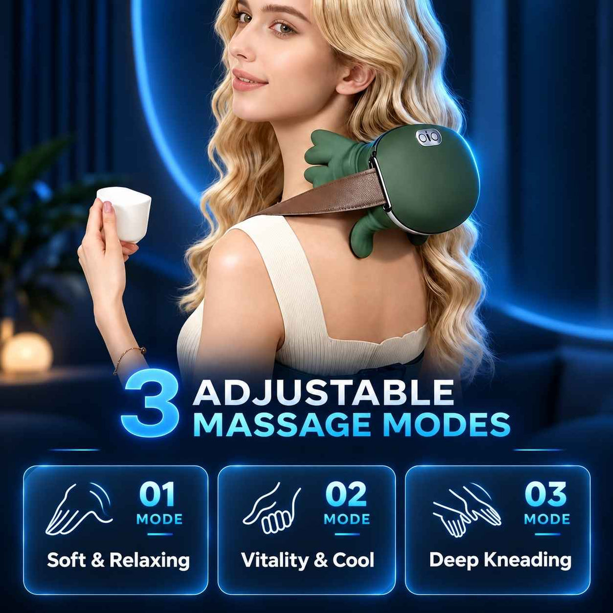 Woman using TheraNeck Pro neck massager while holding a cup.