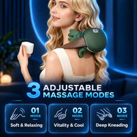 Woman using TheraNeck Pro neck massager while holding a cup.