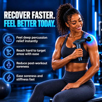 Woman using TheraMuscle Gun on her shoulder after a workout at the gym.