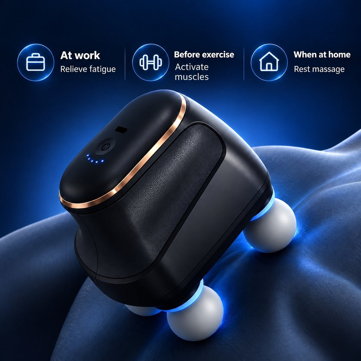 TheraFlex Pro four-head percussion massager shown on a person's back, with illustrations of use at work, before exercise, and at home.
